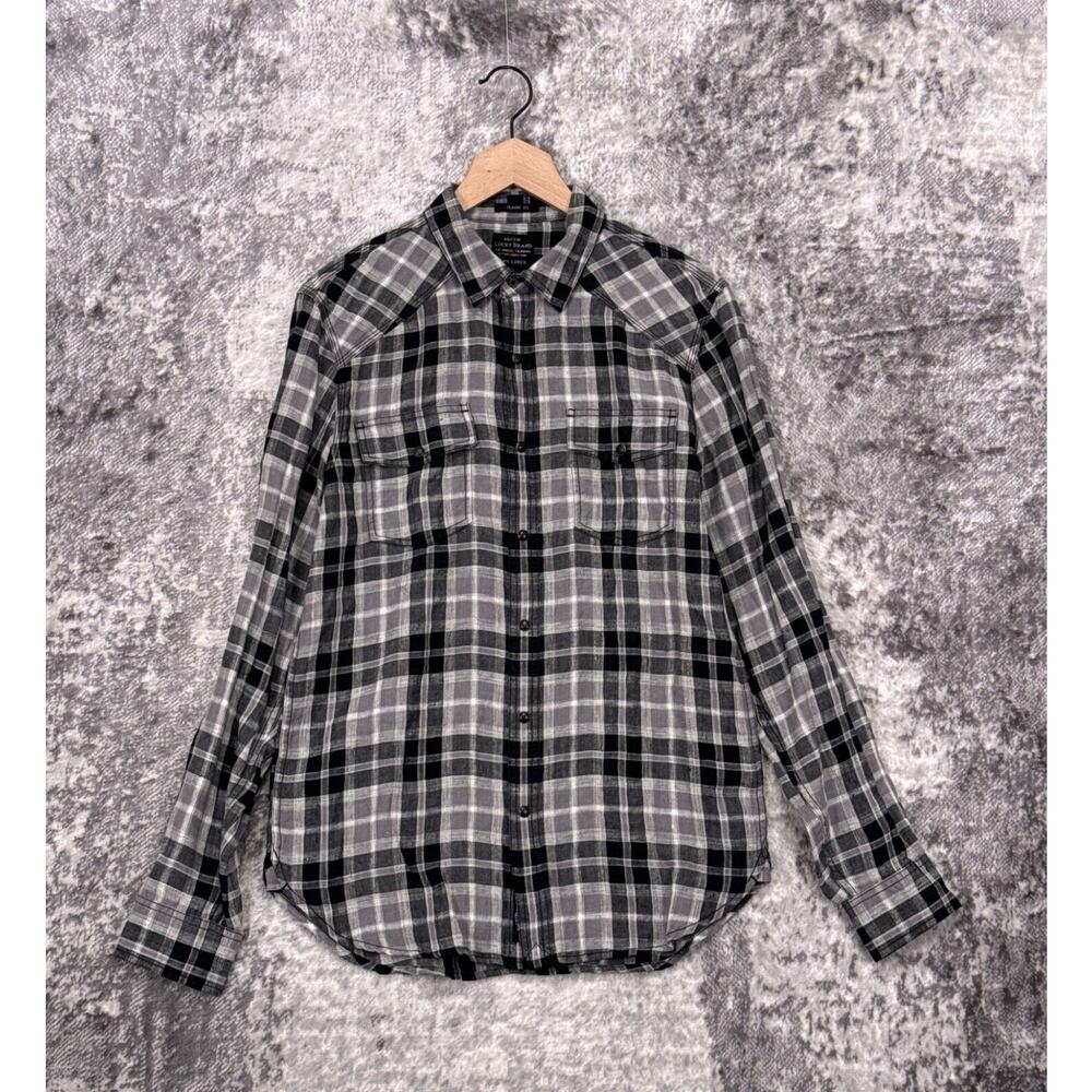 New Lucky Brand Shirt Small Mens Classic Fit Gray Plaid Linen Long Sleeve
